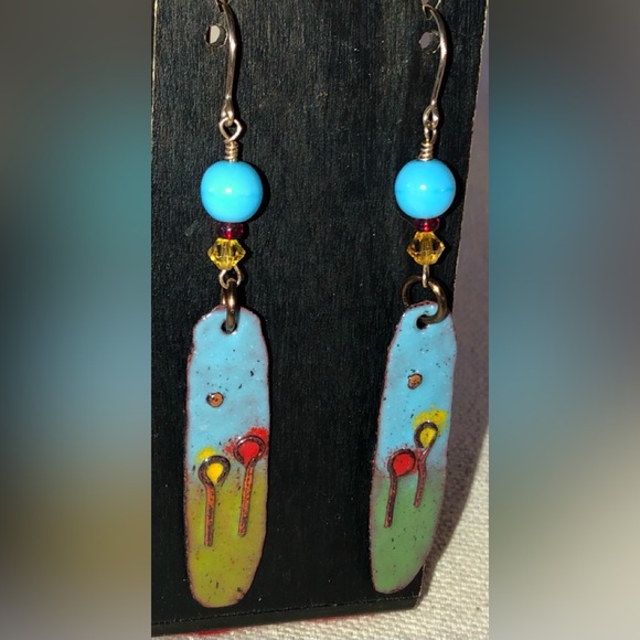Handcrafted & Painted Enamel Over Copper Modernist Dangle Earrings - Picture 2 of 8